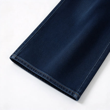 Women’s high-waisted, wide-leg jeans in dark blue raw denim; elegant, casual-style wide-leg trousers with a relaxed fit, perfect for the casual office and versatile everyday looks FX-1338-7