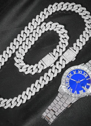3 pezzi orologio a catena cubana per uomo Hip Hop Miami Curb ghiacciato pavimentato strass rapper collana cubana orologio + braccialetto gioielli platinumshop