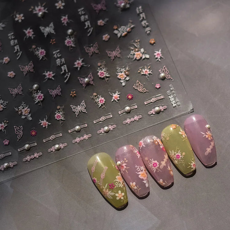 5D Kawaii Lily Nail Art Stickers 1pcs Japanese Pink White Flower With Diamond Self Adhesive Nail Decorations Slider Decals DIY