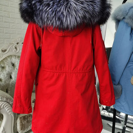 Winter Long Jacket Real Fur Coat Women Clothes Large Silver Fox Fur Collar Detachable Natural Fox Lining Parkas Leather Fur