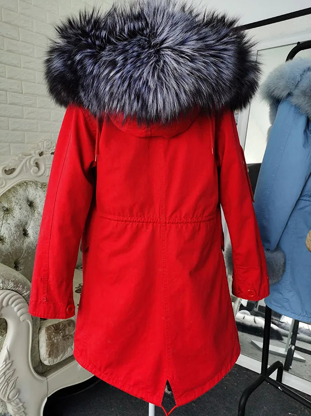 Winter Long Jacket Real Fur Coat Women Clothes Large Silver Fox Fur Collar Detachable Natural Fox Lining Parkas Leather Fur