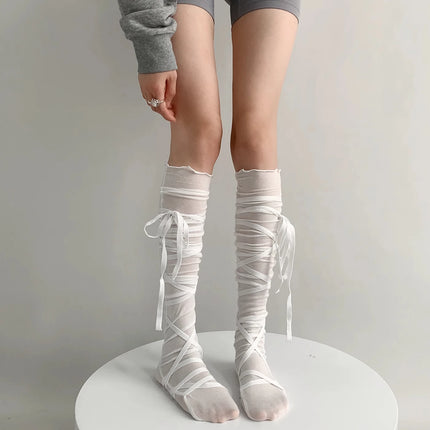 Chaussettes couvre-jambes punk pour femmes avec cravate au mollet Chaussettes à sangle au mollet de danse de ballet Chaussettes fines Y2K Chaussettes cosplay Lolita gothique japonais JK Club