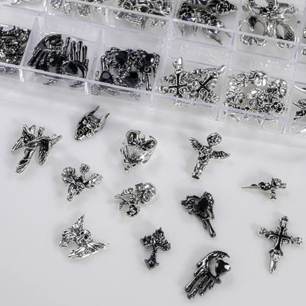 12Grid 3D Halloween Punk Retro Alloy Cross Nail Charms Y2k Gothic Metal Gun Black Silver Skull,Cross Nail Art DIY Cool Nail Part