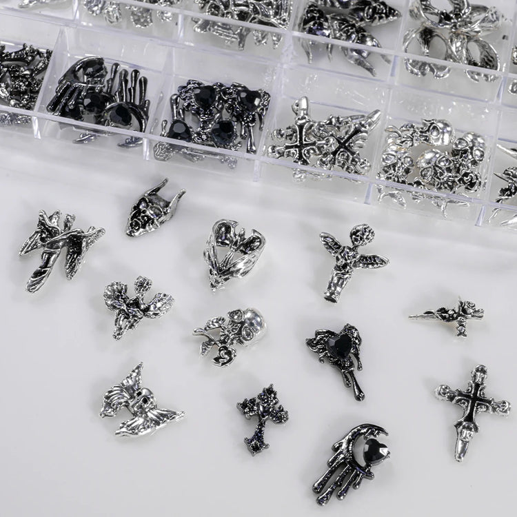 12Grid 3D Halloween Punk Retro Alloy Cross Nail Charms Y2k Gothic Metal Gun Black Silver Skull,Cross Nail Art DIY Cool Nail Part
