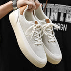 Men's Linen Canvas Platform Sneakers, Breathable Low‑Top Casual Skate Shoes, Retro Contrast Tan Trim Design, Soft Cushioned Thic