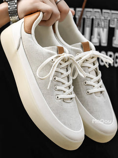 Men's Linen Canvas Platform Sneakers, Breathable Low‑Top Casual Skate Shoes, Retro Contrast Tan Trim Design, Soft Cushioned Thic