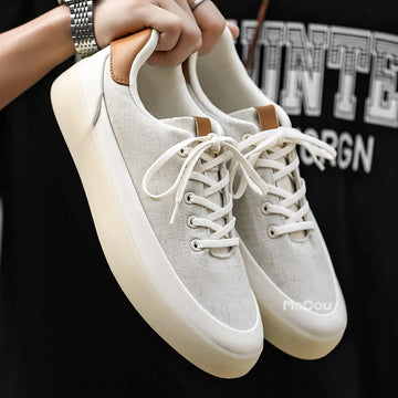 Men's Linen Canvas Platform Sneakers, Breathable Low‑Top Casual Skate Shoes, Retro Contrast Tan Trim Design, Soft Cushioned Thic