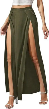 Nuova gonna elastica a vita alta da donna tinta unita spacco alto laterale vestibilità ampia assorbimento del sudore gonna lunga da spiaggia stile street