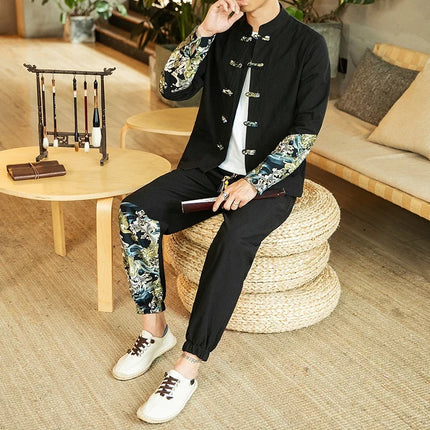 Completo Due Pezzi da Uomo, Nuovo Stile Primaverile in Lino, Comodo Completo Retrò Tang in Cotone Patchwork, Camicia Casual e Giacca Stampata Kung Fu