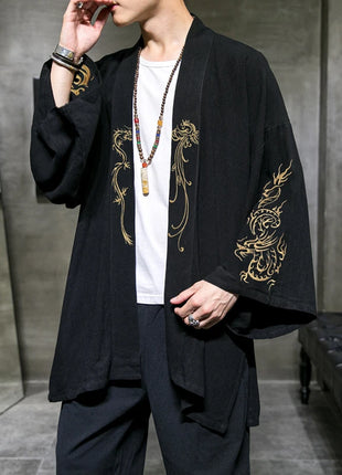 Trench da uomo ricamato in cotone Hanfu Lino Abito stile cinese Giacca cardigan Casual Kimono oversize 5XL Cappotto antico maschile