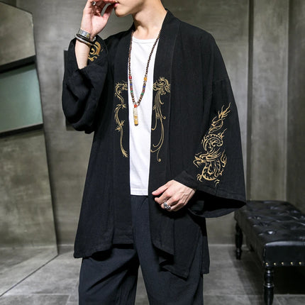 Trench da uomo ricamato in cotone Hanfu Lino Abito stile cinese Giacca cardigan Casual Kimono oversize 5XL Cappotto antico maschile