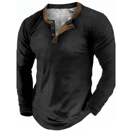 Spring Autumn Solid Color Henley Shirts 3D Printed Men's Fashion Vintage Button-Down Long Sleeve T Shirts Men's Tees Top Apparel
