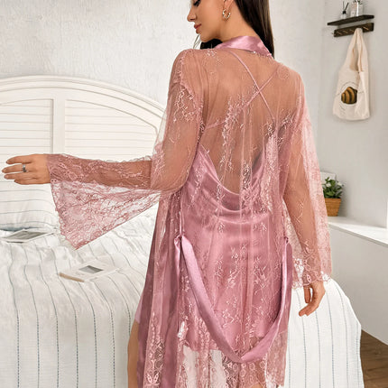 Vestaglia trasparente in pizzo con camicia da notte in poliestere tinta unita di vendita calda per set da 2 pezzi da donna