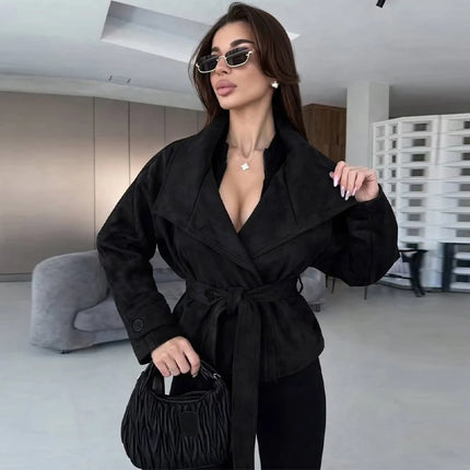 Elegant Suede Women Jacket Turn Down Collar Double Breasted Belt Waist Slim Jackets 2026 Autumn Winter Female Fashion Tops