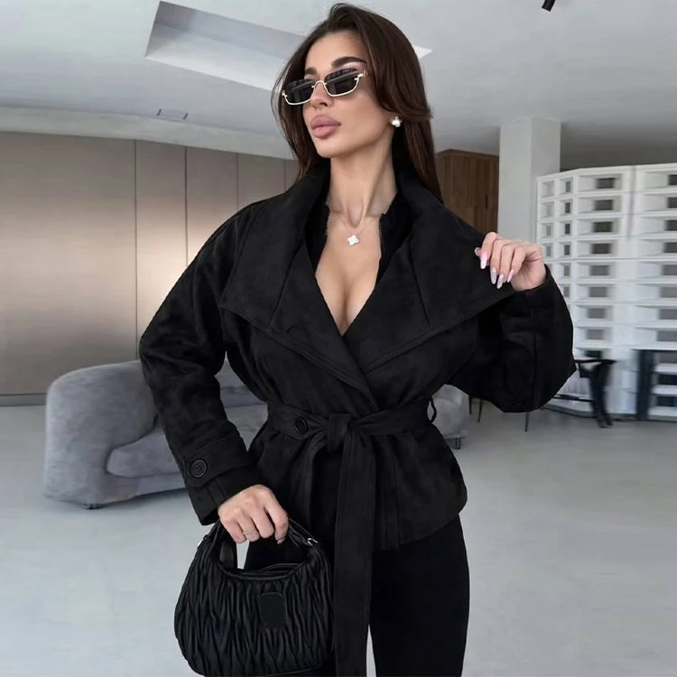 Elegant Suede Women Jacket Turn Down Collar Double Breasted Belt Waist Slim Jackets 2026 Autumn Winter Female Fashion Tops