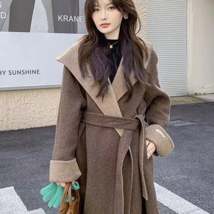 UCXQ Color Blocked Double Sided Wool Coat For Women Hooded Long Sleeved Belt Cardigan Coats 2025 Autumn Winter New Tide 23Z3934