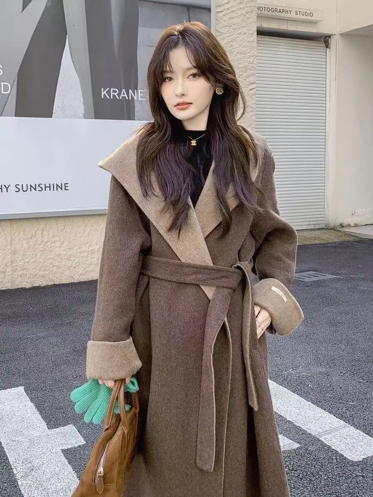 UCXQ Color Blocked Double Sided Wool Coat For Women Hooded Long Sleeved Belt Cardigan Coats 2025 Autumn Winter New Tide 23Z3934