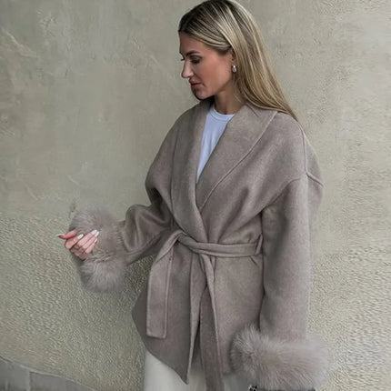 Elegant Women's Lace Up Woolen Coats Solid Full Sleeve Turn-down Collar Loose Lady Coats 2026 Autumn Winter Female Streetwear