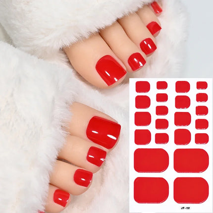 22Tips Red Christmas Baking Free Toenail Sticker Glossy Solid Color Self-adhesive Toe Nail Strips Festival Full Cover Foot Wraps2028