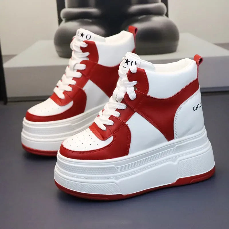 10CM 12CM 14CM High Top Leather Women Autumn Spring Platform Wedge Women Fashion Sneakers Chunky Shoes Vulcanize Skateboard - PlatiNum
