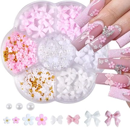 1 Box Pink White Series Bow Heart Nail Charms 3D Arcylic Nail Art Decorations Pearl 5-petal Flower Jewelry Manicure Accessories*