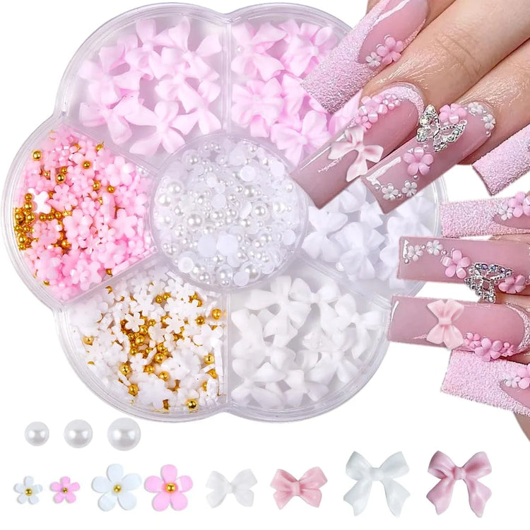 1 Box Pink White Series Bow Heart Nail Charms 3D Arcylic Nail Art Decorations Pearl 5-petal Flower Jewelry Manicure Accessories*