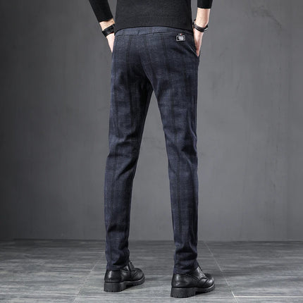 Spring Autumn Men's Korean Casual Pants Slim Straight Brushed Plaid Stretch Fashion Man Pants Office Social Business Trousers