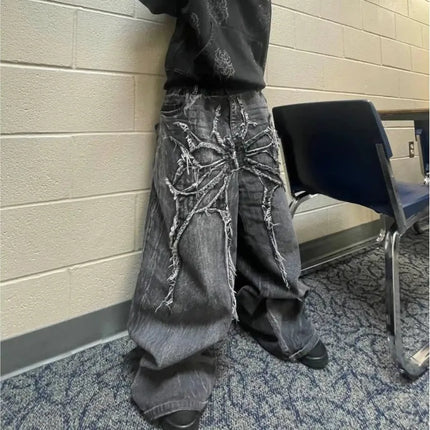 Y2K Retro Oversize Baggy Pantaloni lavabili unisex Phantom Jeans Uomo High Street Spider Toppa ricamata Hip Hop Streetwear Gotico