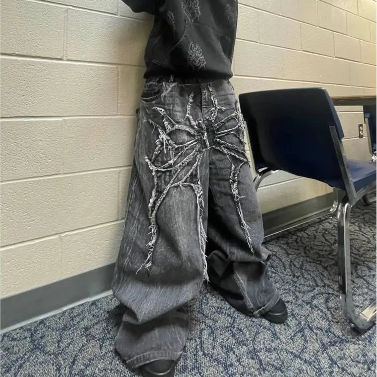 Y2K Retro Oversize Baggy Pantaloni lavabili unisex Phantom Jeans Uomo High Street Spider Toppa ricamata Hip Hop Streetwear Gotico