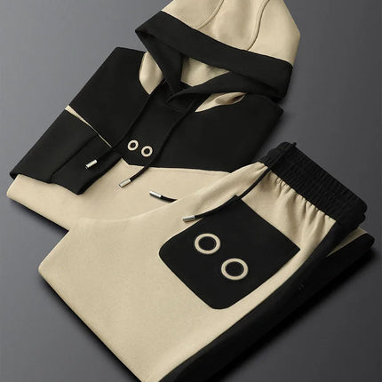 Contrast color splicing hooded sweatshirt suit for men autumn long-sleeved casual sports two-piece thick style PlatiNum