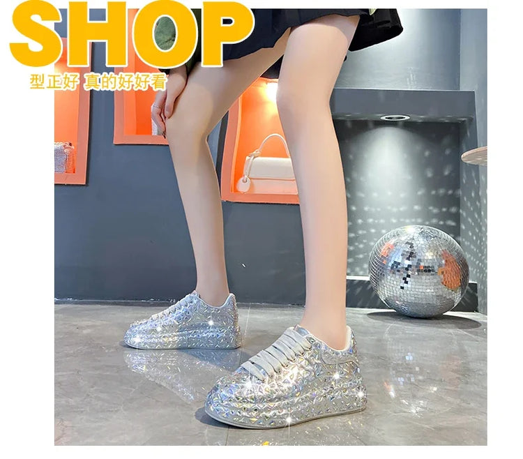 2025 Autumn Leather Women Shoes New Style Fashion Platform Shoes Ins Platforms Sneakers Tide Shine Bling Rhinestone Shoes
