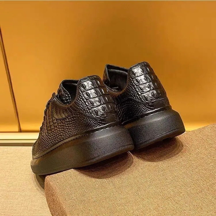 Trend crocodile print black men's breathable shoes running casual sports board shoes natural cowhide soft sole shoes
