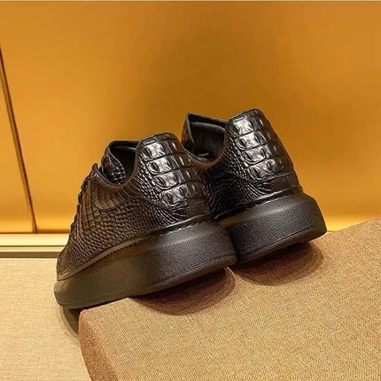 Trend crocodile print black men's breathable shoes running casual sports board shoes natural cowhide soft sole shoes
