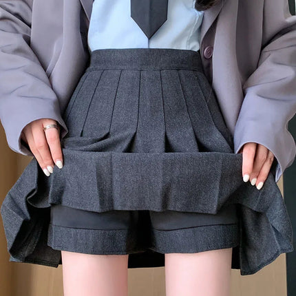 Autumn Winter Woolen Pleated Skirts Women New Korean High Waist Slimming Mini Skirt Ladies Preppy Style Side Zipper A-Line Skirt PlatiNum