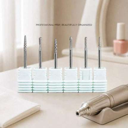 6PCS Tungsten Carbide Nail Drill Bit Set for Cuticle Prep, Professional Manicure Bits for Sidewalls, Dead Skin and Nail Surface Cleaning, with Individual Storage Bases, Salon Nail Art Tools