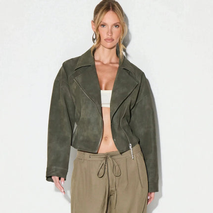 Belt Zipper Top with Waist Cinching American and European Style Streetwear Notched Lapel Thick No Hood Women Autumn Jacket