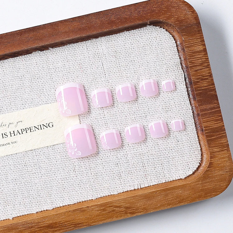 24pcs French Flower Fake Toenails Short Square White Border Press On Nail Tips With 1Jelly Stickers Full Coverage False Nail Tip