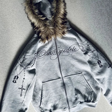 Winter Fashion Streetwear Women's Gothic Punk Faux Fur Hooded Jacket With Cross Print Trendy Edgy Zip - Up Sweatshirt 2026 New