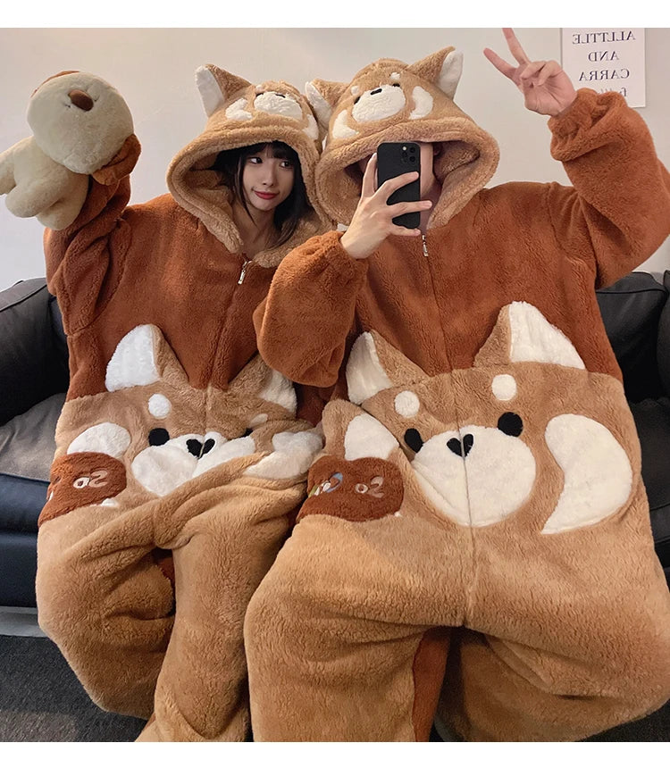 DAIMELU cartoon pajamas men's winter coral fleece flannel thickened warm male loungewear suit sleepwear one set girl nightwear