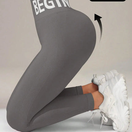 European and American Seamless Yoga Leggings with Waistband Lettering, Butt-Lifting, Quick-Dry Women's Breathable Tights for Pea PlatiNum