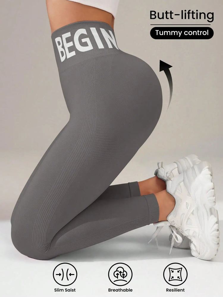 European and American Seamless Yoga Leggings with Waistband Lettering, Butt-Lifting, Quick-Dry Women's Breathable Tights for Pea PlatiNum
