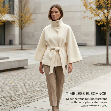Women's Cape Coat Elegant Stand Collar Belted Solid Color Button Down Autumn Winter Jacket