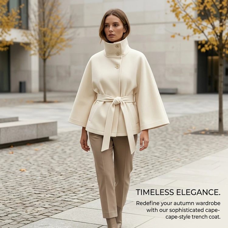Women's Cape Coat Elegant Stand Collar Belted Solid Color Button Down Autumn Winter Jacket