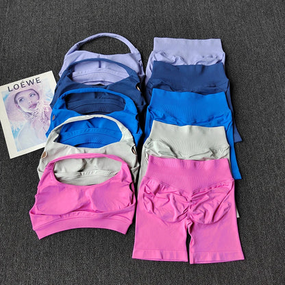 2PCs Peach High Waist Belly Hip Lifting Sports Bras Shorts Suit Gathering Shock-proof Neck Halter Yoga Suit Running Fitness Set