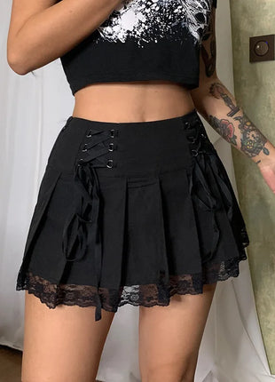 Gonna a pieghe retrò da ragazza con lacci a vita alta con cuciture a rete scozzese Orlo Y2K Minigonne nere gotiche estetiche aderenti
