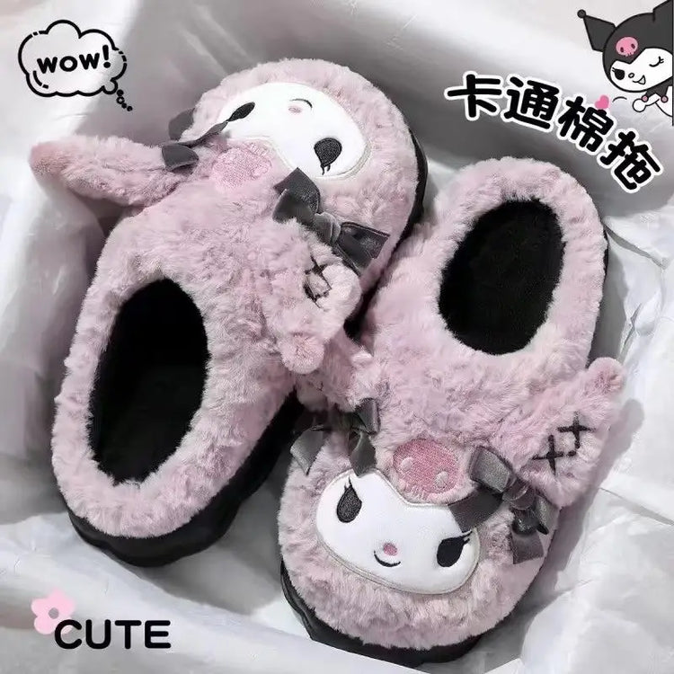 Sanrio Kuromi Kawaii Plush Slippers Women Thick Platform Height Increasing Non-Slip Warm Winter Indoor House Shoes