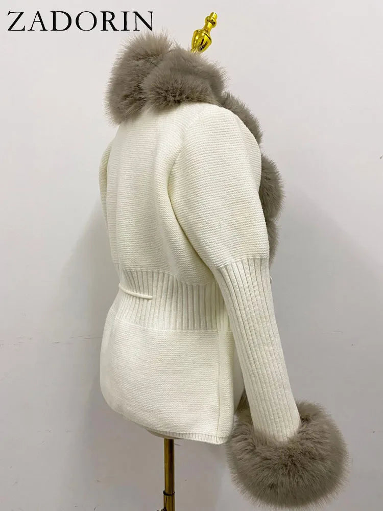 ZADORIN Luxury Fur Cardigan Knit Winter Sweater Women Elegant Detachable Fur Belt White Pink Black Womens Cardigan Korea Style
