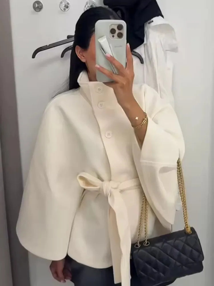 SMVP 2026 New Lace Up High Neck Jackets For Women Belt Faux Wool Blends Cape Coats Autumn Winter Warm Elegant Cloak Coat Ladies