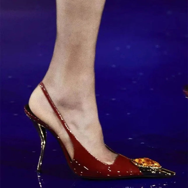 Ladies' Elegant Retro Pointed-toe Shallow Mouth Gemstone High-heeled New Metal Patent Leather One-strap Heel Sandals PlatiNum
