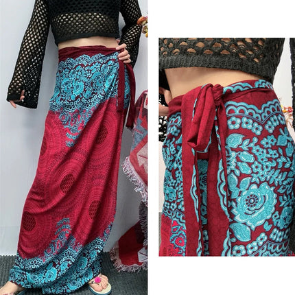 Abito da donna Boho Maxi Wrap Gonna lunga con allacciatura Abito da spiaggia Copricostume Abito vintage bohémien regolabile a vita alta in rayon platinumshop